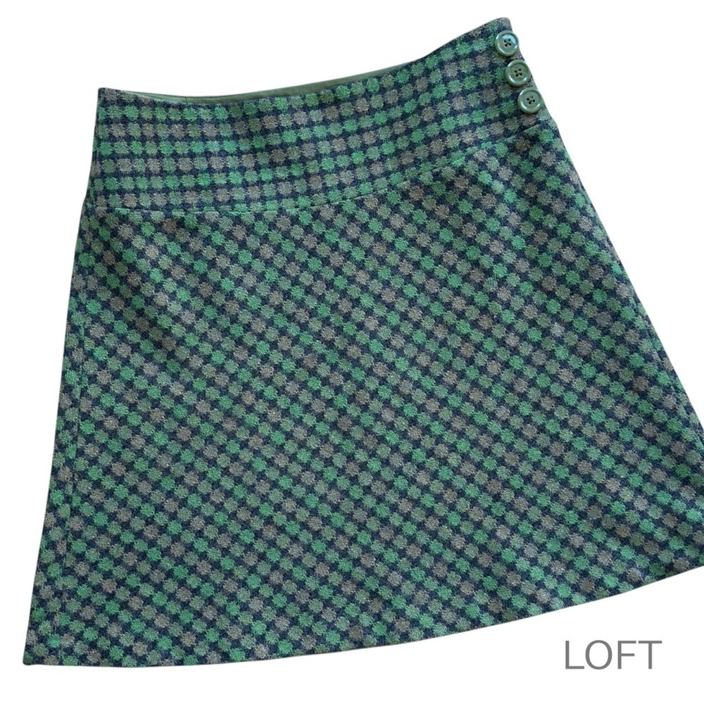 ANN TAYLOR LOFT WOOL BLEND TWEED SKIRT LINED GREEN GRAPHIC DOT PATTERN | SIZE 6
